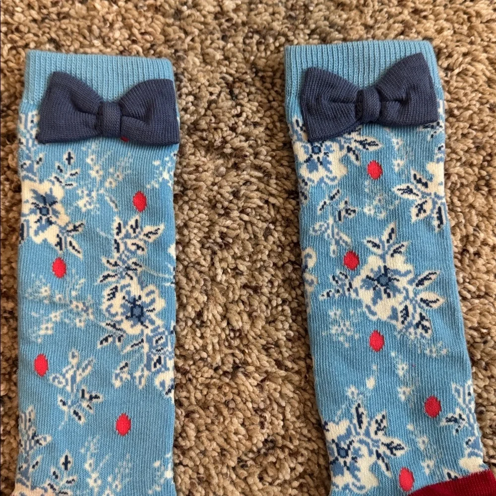 Matilda Jane Blue Floral Knee-High Socks with Navy Bow and Red Accents small